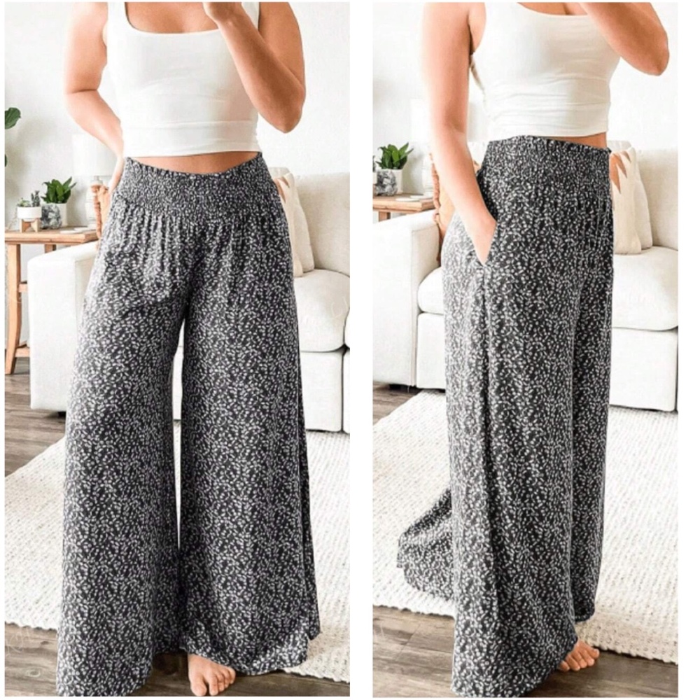 Plus Floral Print Stretchy Waist Wide leg Trouser Pants - Picture 6 of 6